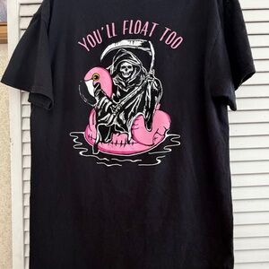 Retrofit Black short sleeve T-Shirt with Pink Flamingo"You'll Float Too"